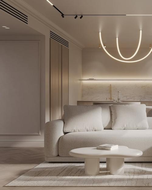 Гостиная - это сочетание французской классики и минимализма: светлая палитра, архитектурные линии и внимание к деталям. 02