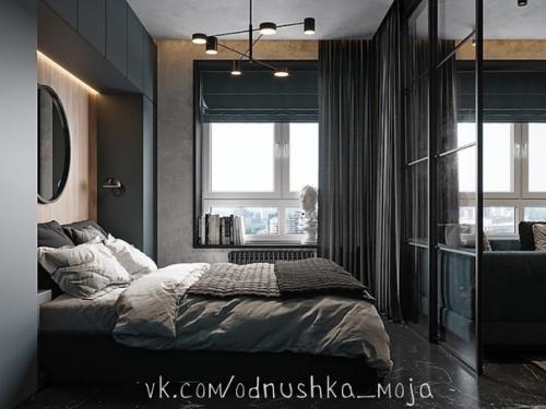 Интерьер однокомнатной квартиры в стиле лофт с имитацией бетонных поверхностей. 06