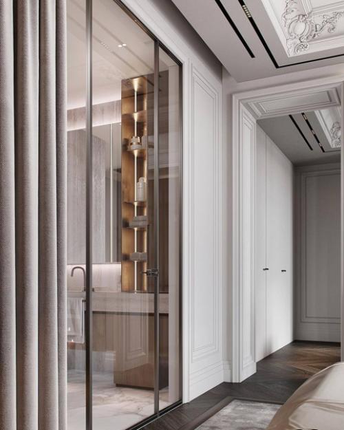 Шикарный проект спальни с ванной комнатой (за стеклянными перегородками) и гардеробной в современном стиле общая площадь - 37 кв. 09