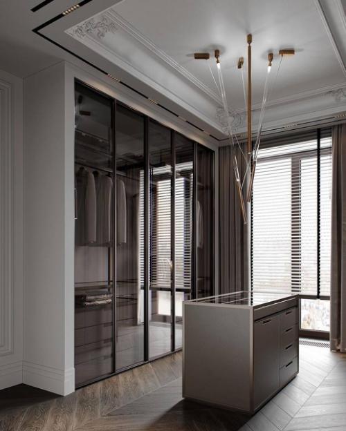 Шикарный проект спальни с ванной комнатой (за стеклянными перегородками) и гардеробной в современном стиле общая площадь - 37 кв. 07