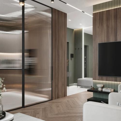 Интерьер кухни - гостиной и коридора в одинаковом цветовом сочетании и площадью 33 кв. 06