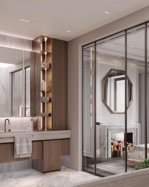 Шикарный проект спальни с ванной комнатой (за стеклянными перегородками) и гардеробной в современном стиле общая площадь - 37 кв. 04