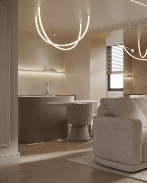 Гостиная - это сочетание французской классики и минимализма: светлая палитра, архитектурные линии и внимание к деталям. 06