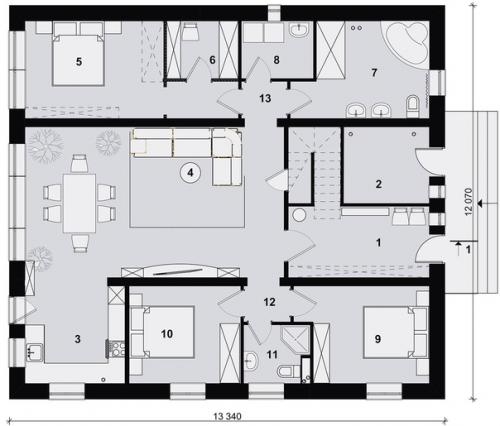 Кубань - проект простого одноэтажного дома 140 кв м с жилым чердаком, для поэтапного освоения от архитектурного бюро инваполис. 03