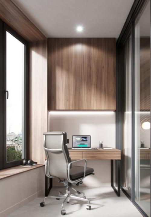 Современный богатый интерьер спальни с кабинетом на балконе. 05