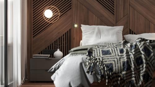 Современный богатый интерьер спальни с кабинетом на балконе. 01