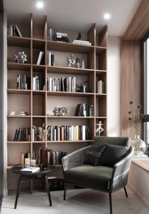 Современный богатый интерьер спальни с кабинетом на балконе. 02