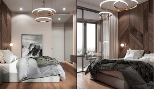 Современный богатый интерьер спальни с кабинетом на балконе. 03