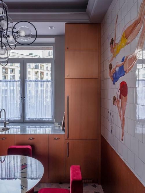 Яркий, атмосферный интерьер небольшой кухни в современном стиле, с элементами ретро. 04