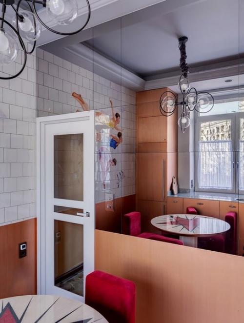 Яркий, атмосферный интерьер небольшой кухни в современном стиле, с элементами ретро. 08