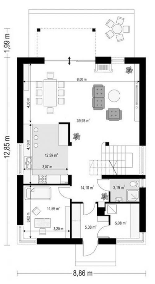 Эскизный проект одноэтажного загородного дома с мансардой. 02