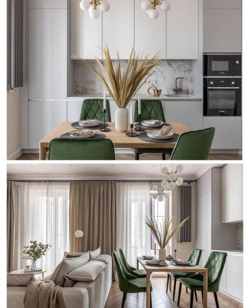 Квартира в бежевых тонах с акцентными вкраплениями благородного изумрудного цвета. 06