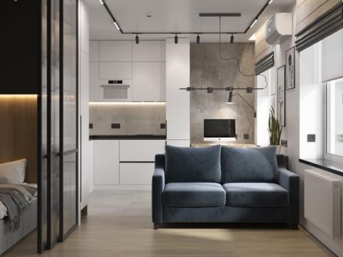 Проект квартиры - студии 34, 7 м 2. современный интерьер с элементами лофта.