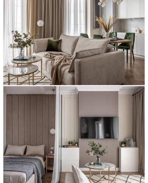 Квартира в бежевых тонах с акцентными вкраплениями благородного изумрудного цвета. 09