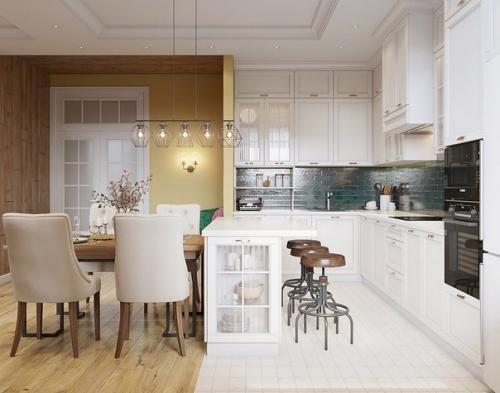 Зона кухни. Тут мы разместили большой остров, очень вместительную кухню, стеллаж для красивой посуды и супер уютное место для отдыха и чтения. 02