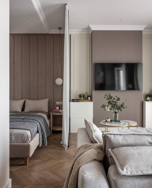 Квартира в бежевых тонах с акцентными вкраплениями благородного изумрудного цвета. 02