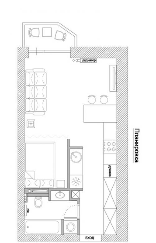 Маленькая квартира - студия с кухней в коридоре. 09