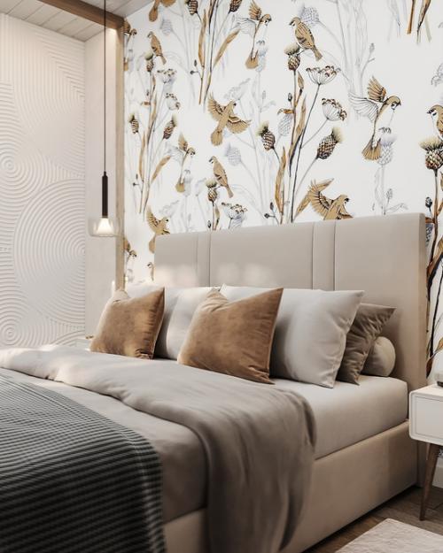 Спальня в доме п. симагино выборского района выполнена в едином стиле со всем интерьером.