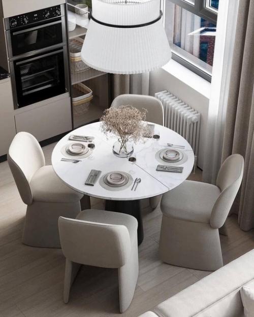 Интерьер светлой, милой и уютной кухни - гостиной в квартире. 02