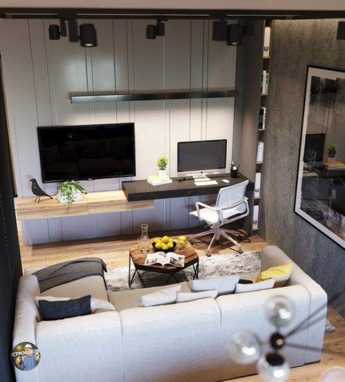 Красивая и гармоничная кухня объединенная с гостиной. 01