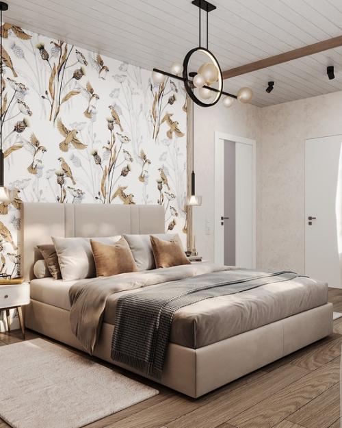 Спальня в доме п. симагино выборского района выполнена в едином стиле со всем интерьером. 01