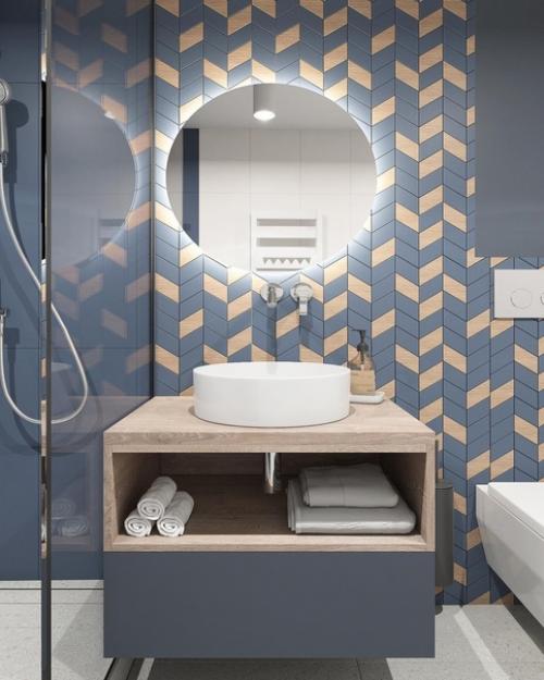 Гостевой санузел.  Интересная цветовая гамма и раскладка плитки выбрана.