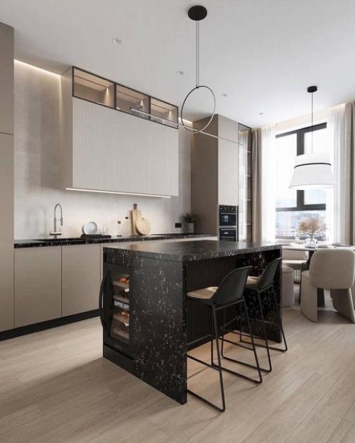 Интерьер светлой, милой и уютной кухни - гостиной в квартире. 06