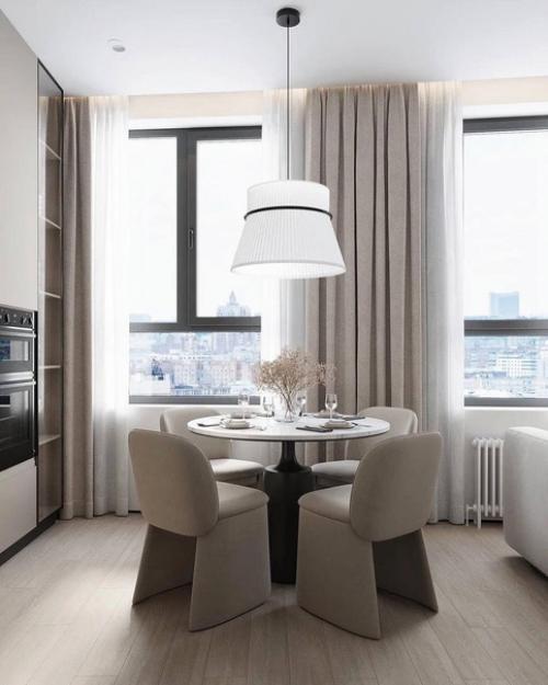 Интерьер светлой, милой и уютной кухни - гостиной в квартире. 01