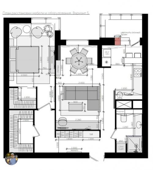 Красивая и гармоничная кухня объединенная с гостиной. 07