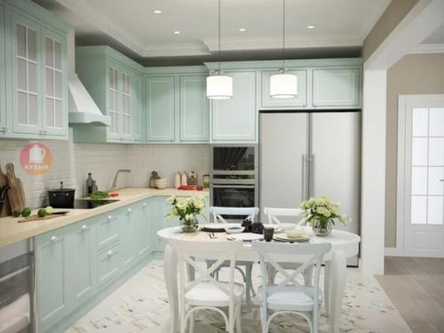 Интерьер кухни и гостиной в американском классическом стиле, в чудесной цветовой гамме. 03