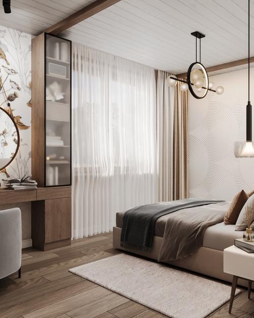 Спальня в доме п. симагино выборского района выполнена в едином стиле со всем интерьером. 03