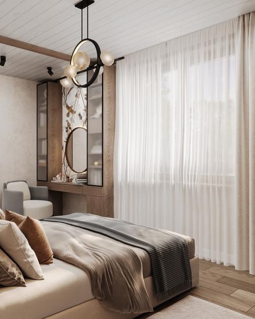 Спальня в доме п. симагино выборского района выполнена в едином стиле со всем интерьером. 02