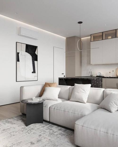 Интерьер светлой, милой и уютной кухни - гостиной в квартире. 04