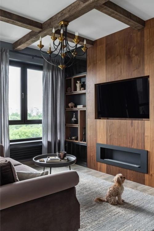 Квартира в темных тонах - с био - камином и балками на потолке. 02