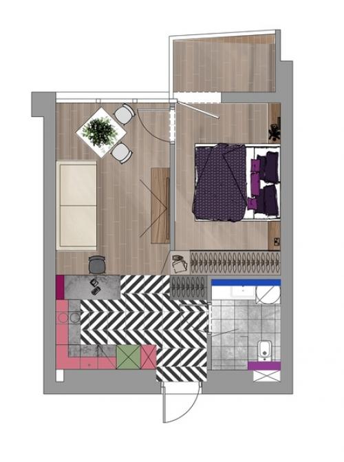 Яркий интерьер однокомнатной квартиры 39 кв. 09