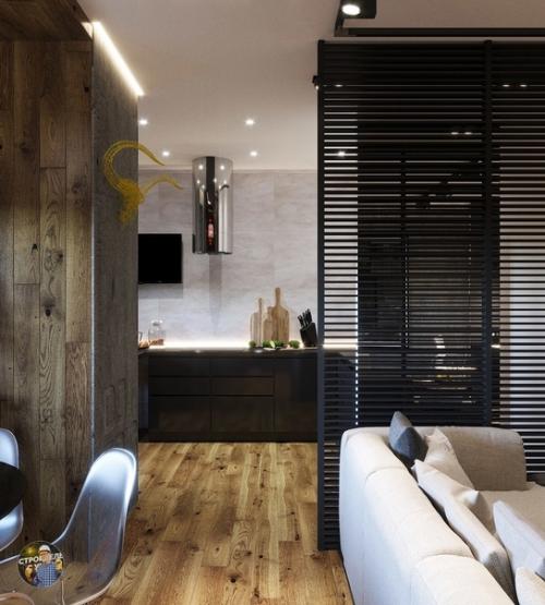 Красивая и гармоничная кухня объединенная с гостиной. 04