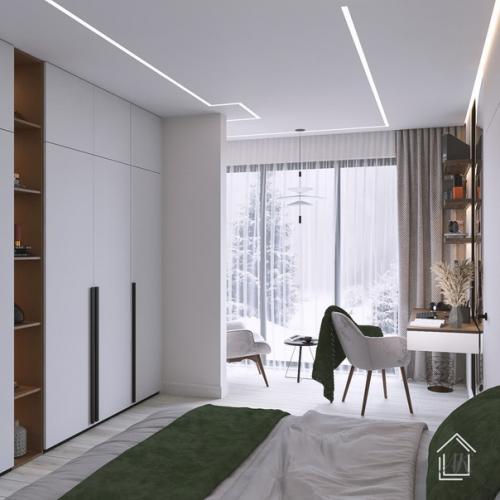 Визуализация квартиры завершена, интерьер получился стильный, выдержанный в одной цветовой гамме с акцентным зелёным. 01