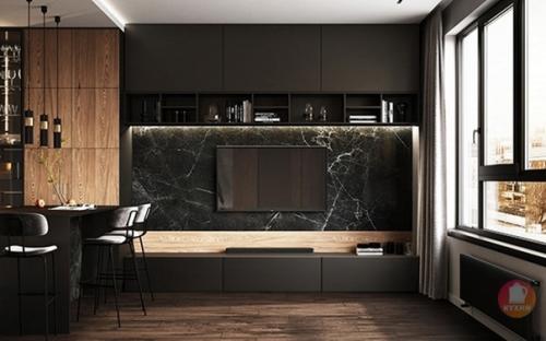 Брутальный, современный интерьер кухни - гостиной, спроектированный дизайнерами студии Osome Studio. 03