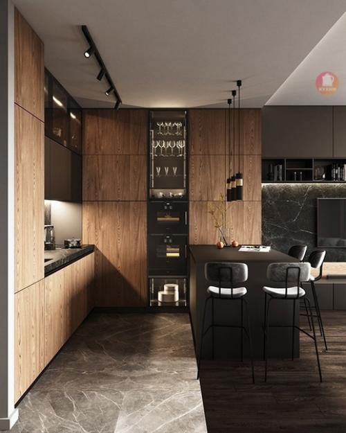 Брутальный, современный интерьер кухни - гостиной, спроектированный дизайнерами студии Osome Studio. 01