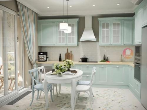 Интерьер кухни и гостиной в американском классическом стиле, в чудесной цветовой гамме. 02