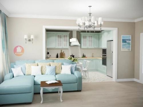 Интерьер кухни и гостиной в американском классическом стиле, в чудесной цветовой гамме. 01