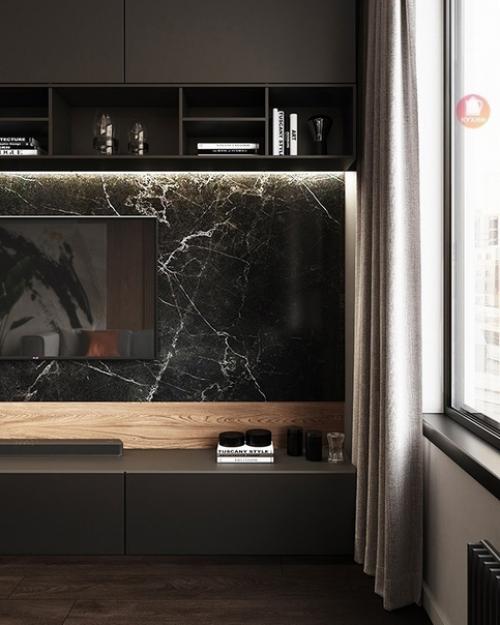 Брутальный, современный интерьер кухни - гостиной, спроектированный дизайнерами студии Osome Studio. 04