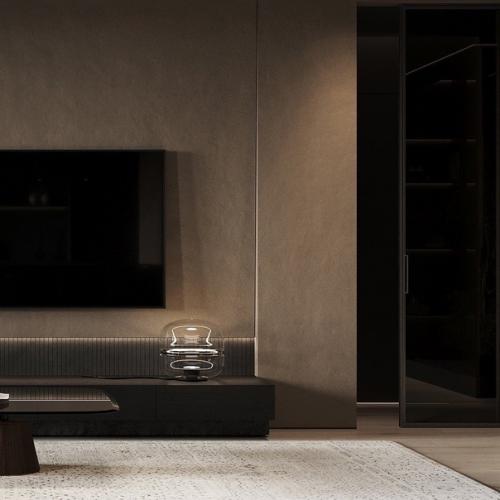 Темный уютный интерьер городской квартиры для семьи. 08