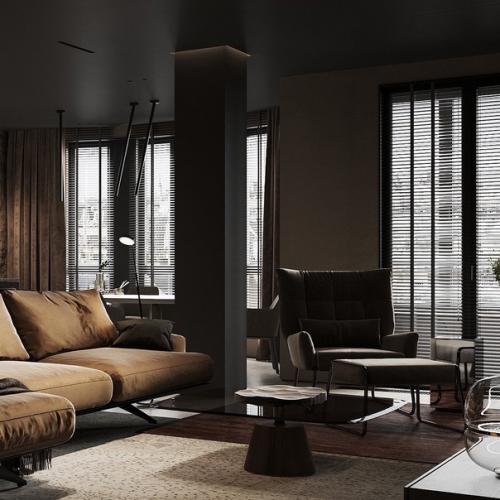 Темный уютный интерьер городской квартиры для семьи. 04