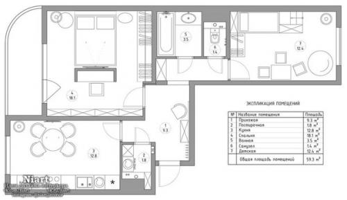 Дизайн - проект двухкомнатной квартиры 60 кв. 09