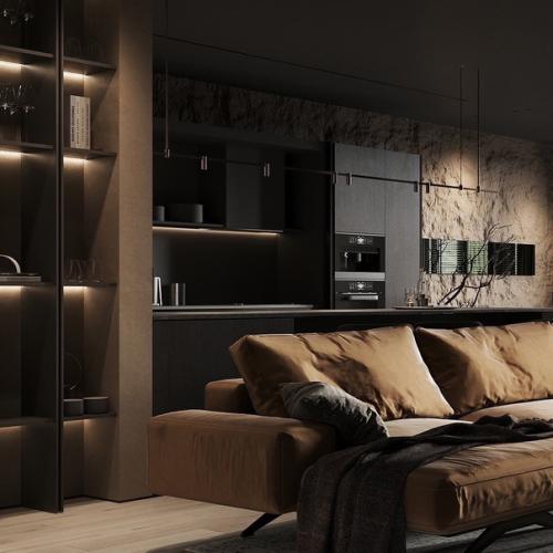 Темный уютный интерьер городской квартиры для семьи. 03