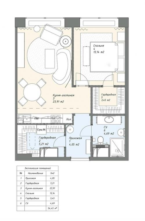 Проект 1-комнатной квартиры 54, 5 м 2 в ЖК Will Towers в Москве. 09