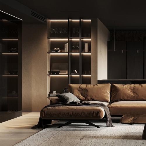 Темный уютный интерьер городской квартиры для семьи. 01