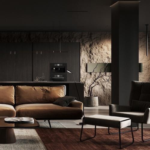 Темный уютный интерьер городской квартиры для семьи. 02