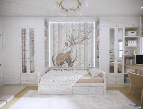 Олень с большими ветвистыми рогами, добрый, сказочный житель зачарованного леса выполнено все в светлых тонах, так же как и весь интерьер комнаты. 05